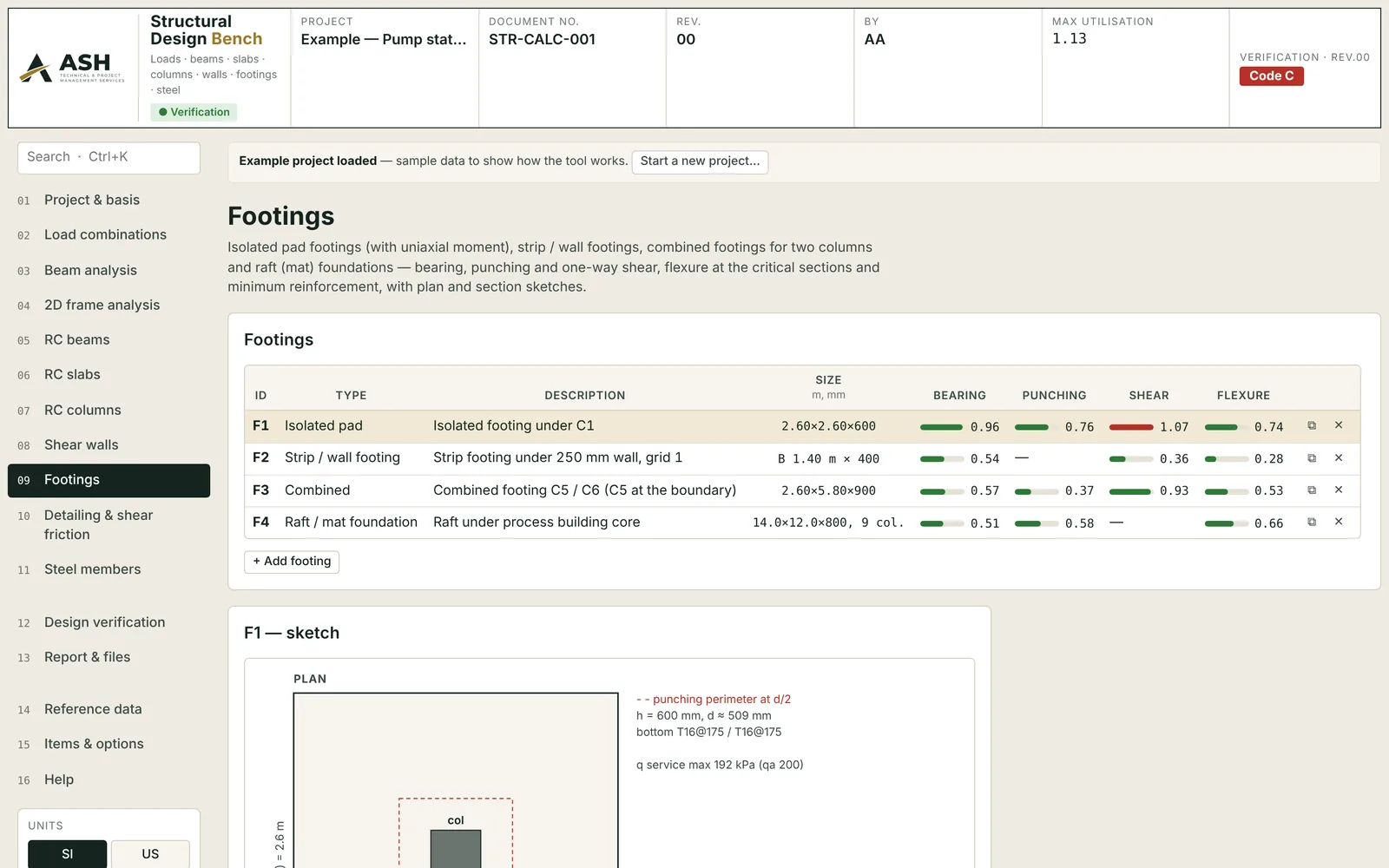 Footing schedule with bearing, punching, shear and flexure utilisation bars, and the plan sketch of an isolated pad footing
