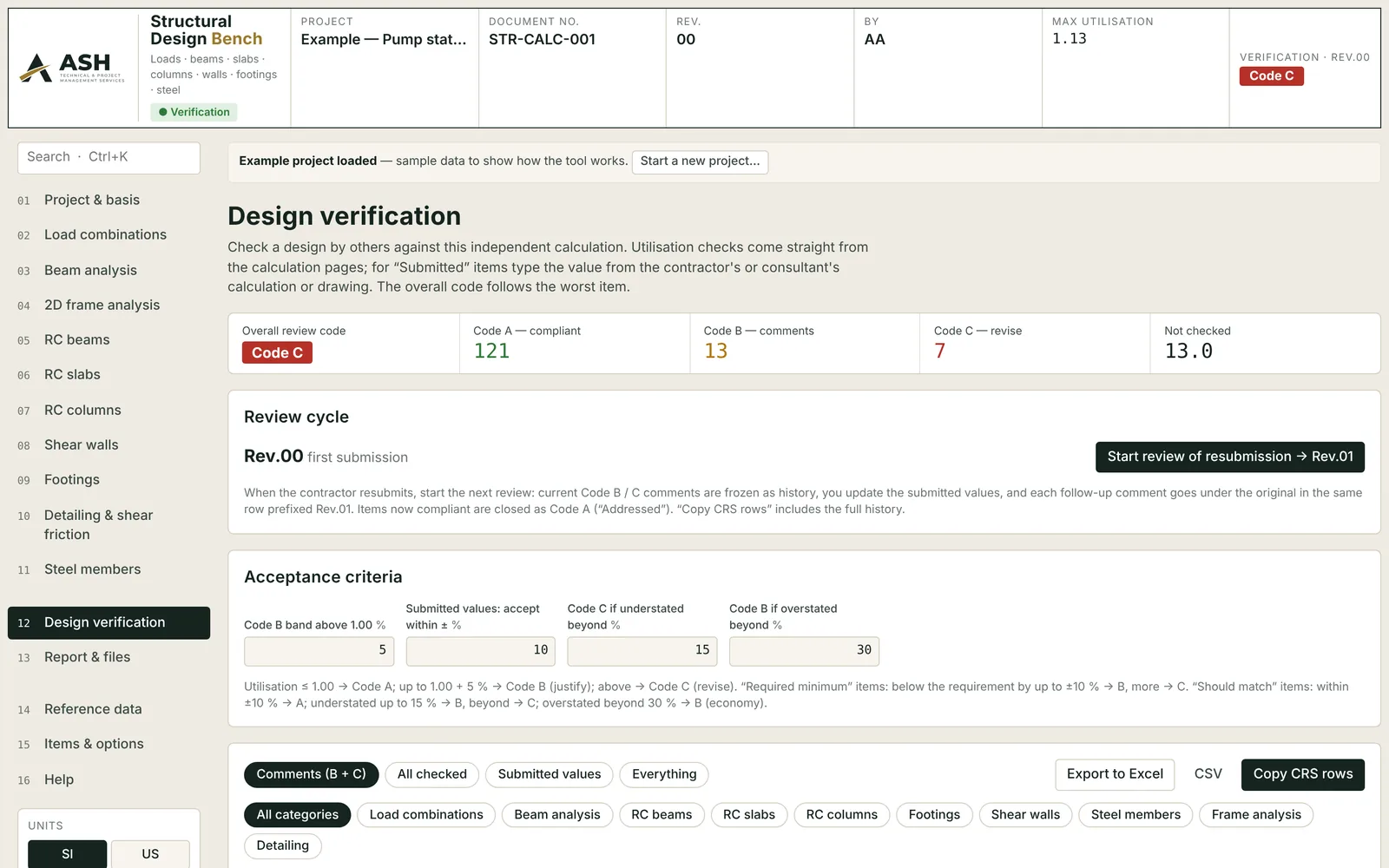 Structural Design Bench, Design verification page: overall review code C, with 121 items at Code A, 13 at Code B and 7 at Code C, the review cycle panel and the acceptance criteria